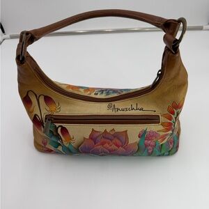 ANUSCHKA Hand Painted Leather Shoulder Bag Floral Lotus Zip Top Purse